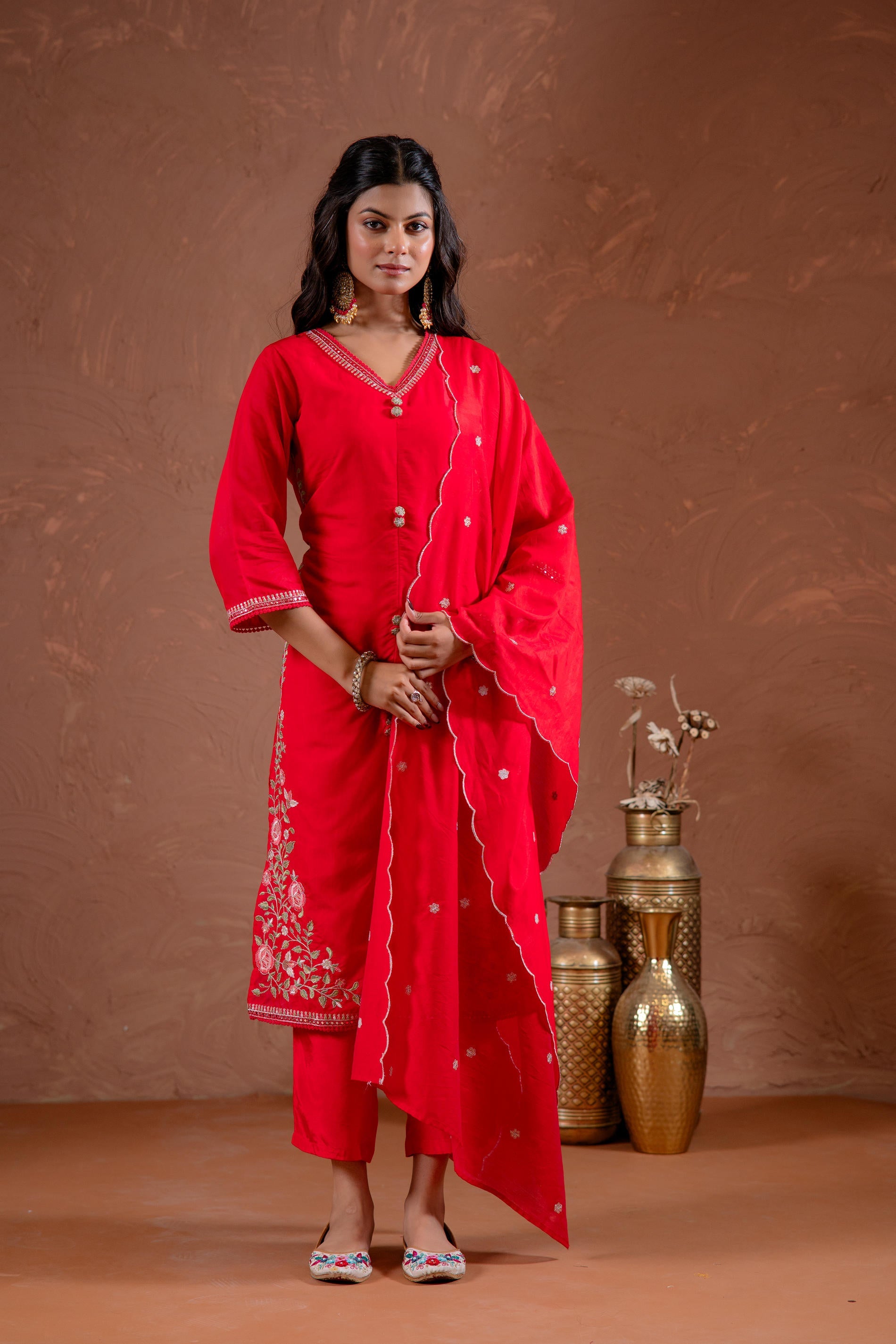 Juniper Red Anarkali Kurta Set With Embroidery And Scallop Hemline