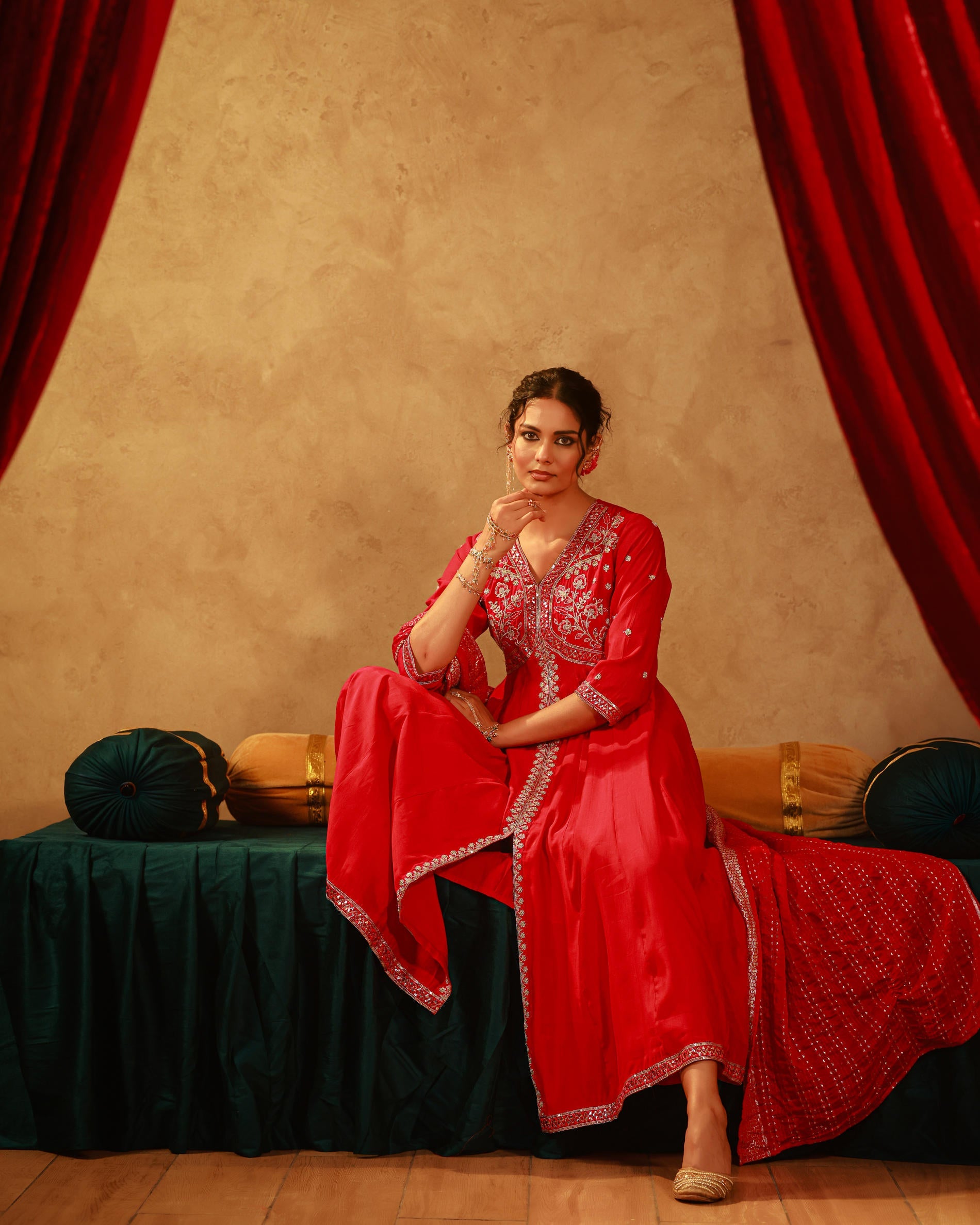 Juniper Magenta Viscose Solid Fit & Flared Kurta With Pants & Dupatta Set With Mirror, Thread, Dori & Sequence Work