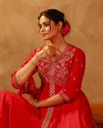 Thumbnail for Juniper Magenta Viscose Solid Fit & Flared Kurta With Pants & Dupatta Set With Mirror, Thread, Dori & Sequence Work