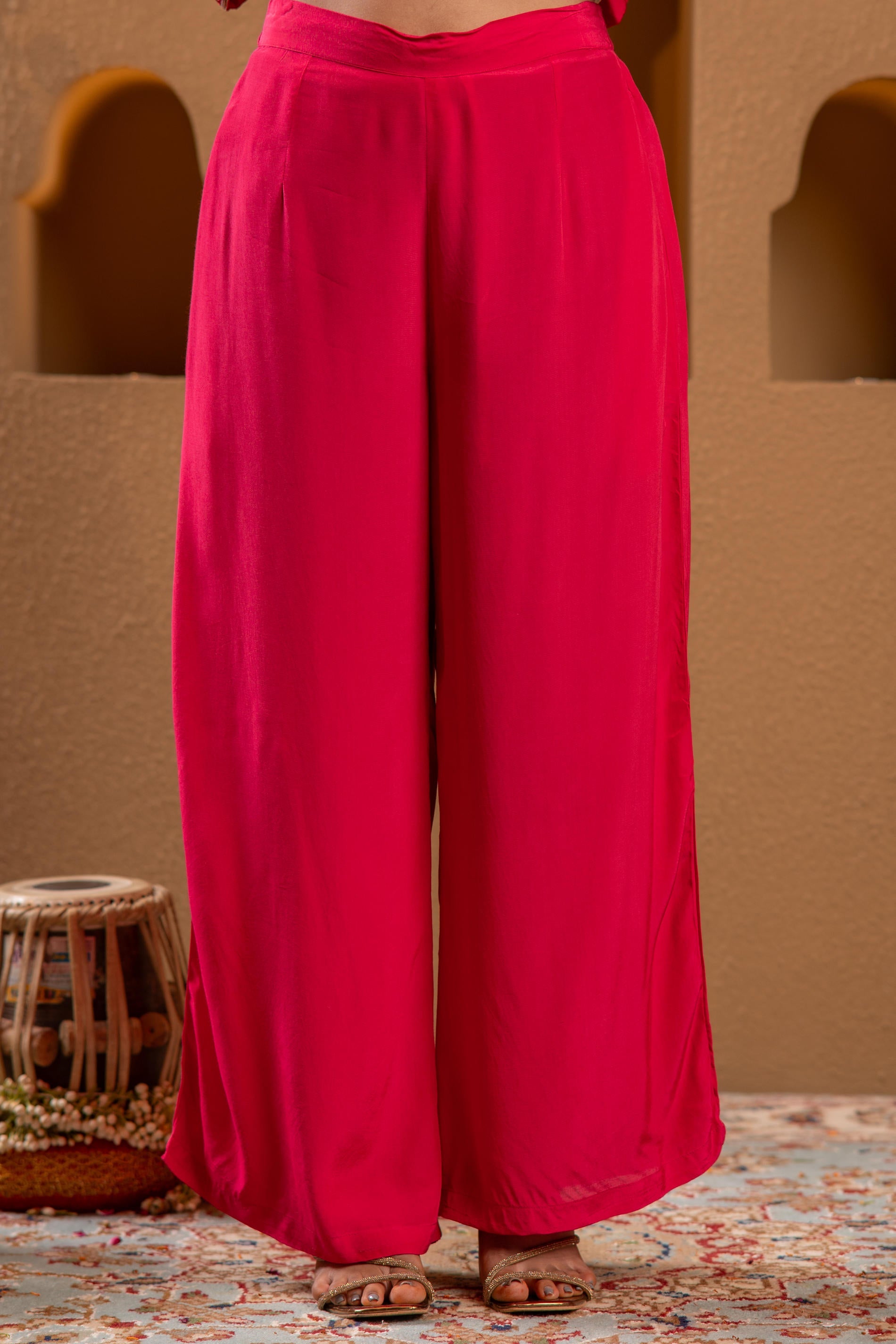 Juniper Magenta Viscose Solid Fit & Flared Kurta With Pants & Dupatta Set With Mirror, Thread, Dori & Sequence Work