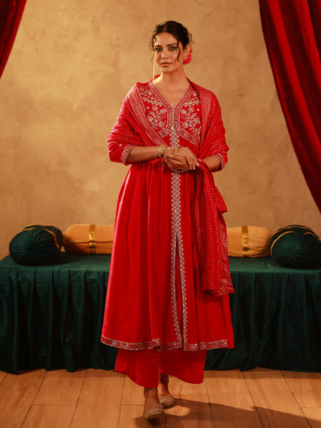 Juniper Magenta Viscose Solid Fit & Flared Kurta With Pants & Dupatta Set With Mirror, Thread, Dori & Sequence Work