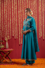 Thumbnail for Juniper Rama Green Viscose Solid Fit & Flared Kurta With Pants & Dupatta Set With Mirror, Thread, Dori & Sequence Work