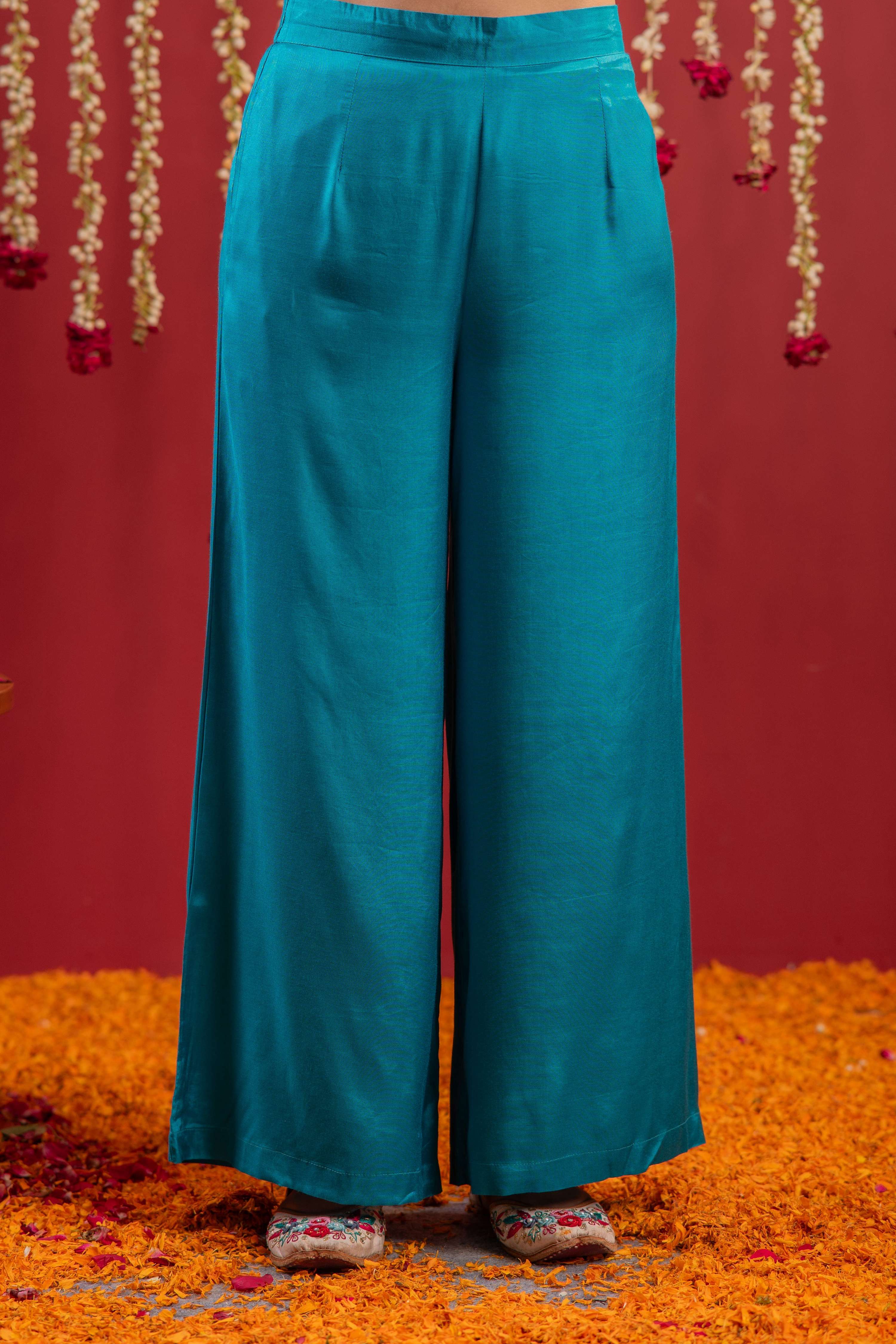 Juniper Rama Green Viscose Solid Fit & Flared Kurta With Pants & Dupatta Set With Mirror, Thread, Dori & Sequence Work