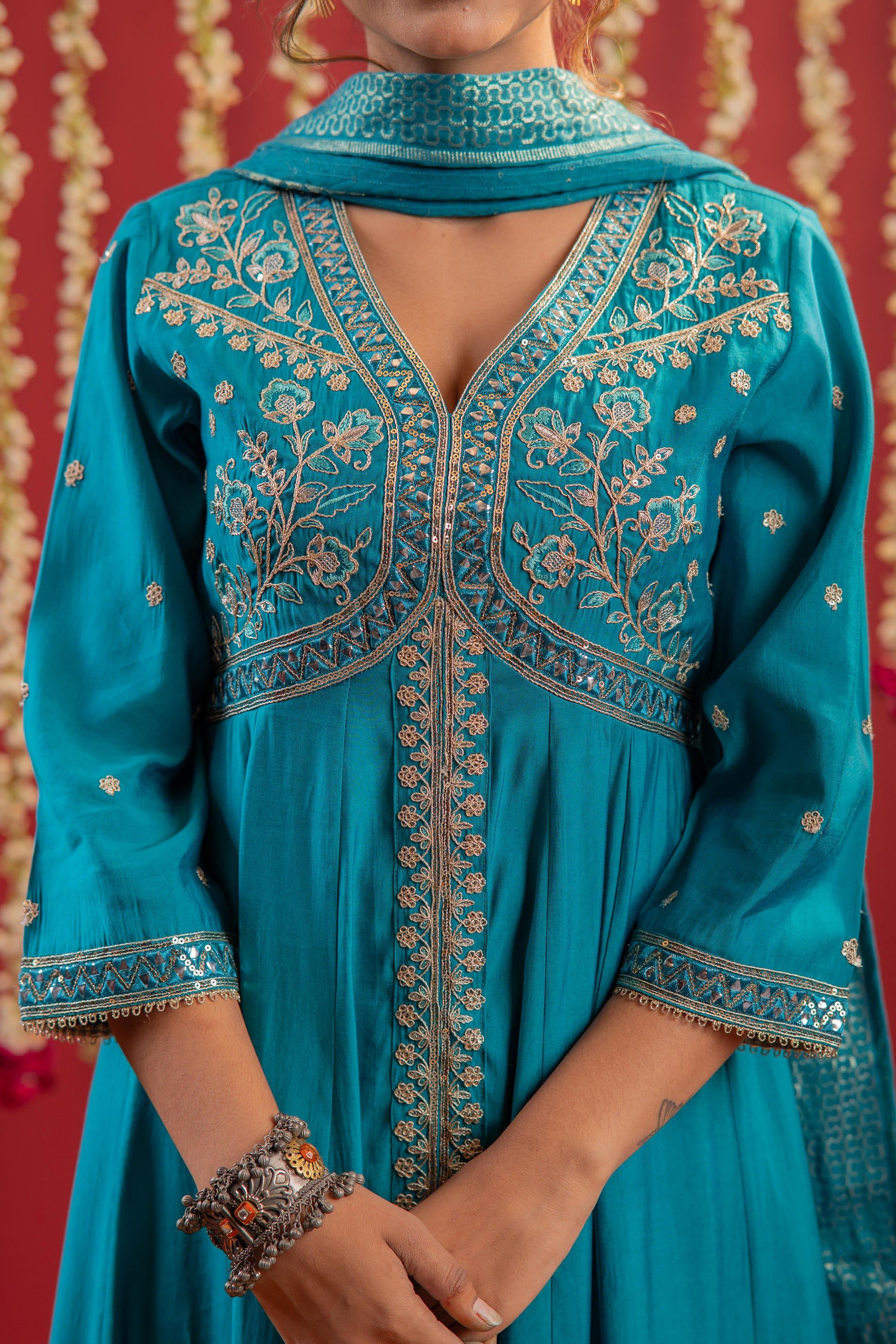 Juniper Rama Green Viscose Solid Fit & Flared Kurta With Pants & Dupatta Set With Mirror, Thread, Dori & Sequence Work