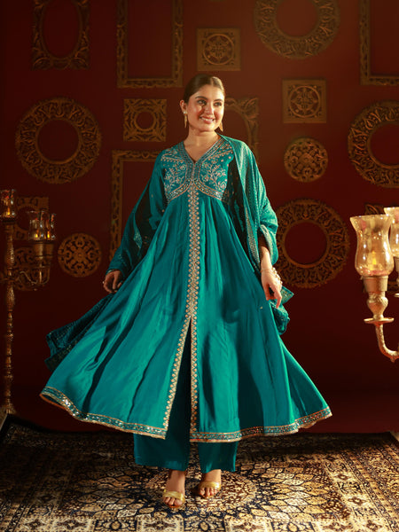 Juniper Rama Green Viscose Solid Fit & Flared Kurta With Pants & Dupatta Set With Mirror, Thread, Dori & Sequence Work