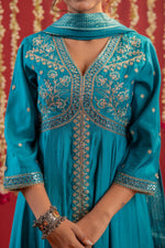 Thumbnail for Juniper Rama Green Viscose Solid Fit & Flared Kurta With Pants & Dupatta Set With Mirror, Thread, Dori & Sequence Work