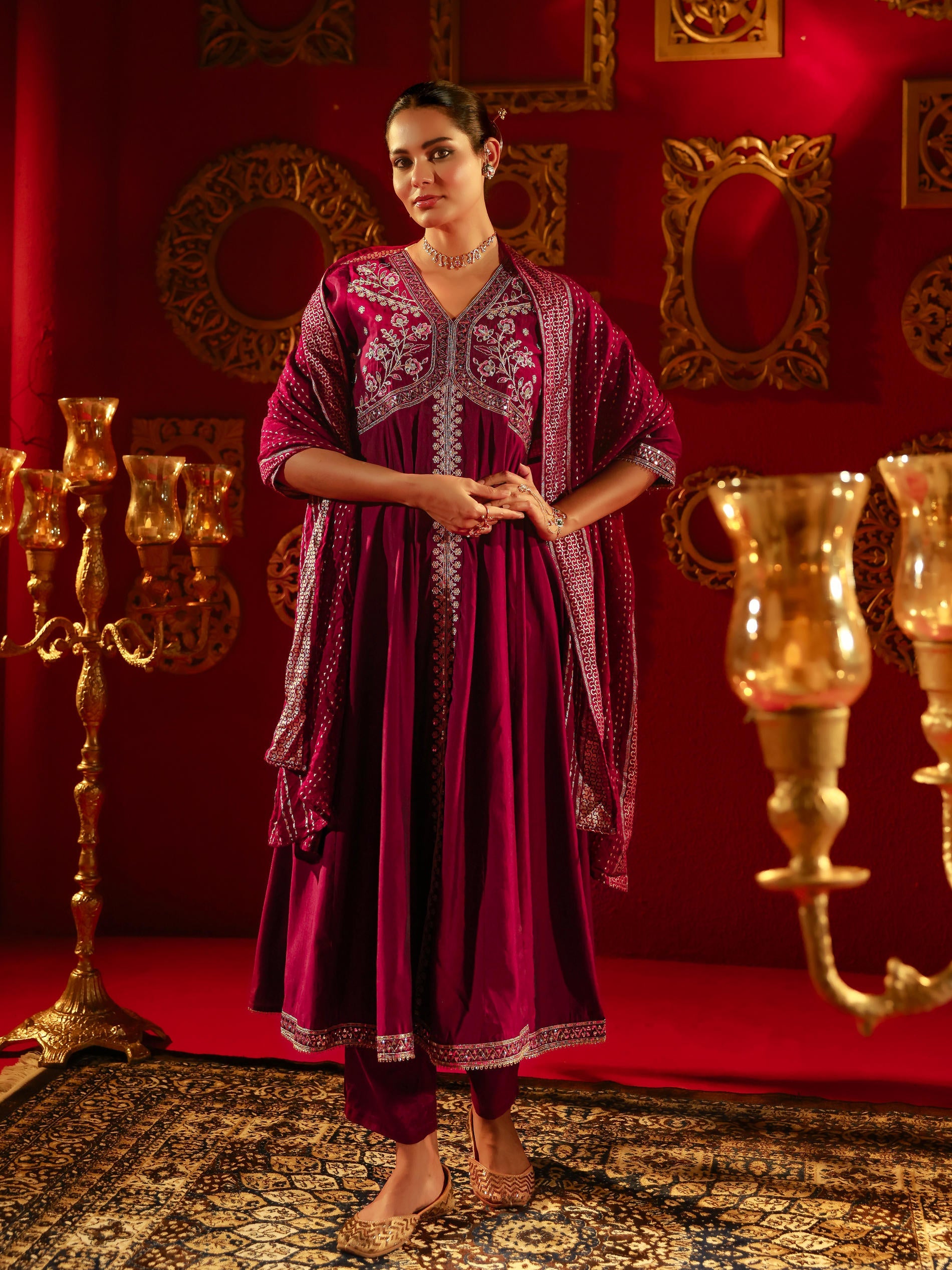 Juniper Wine Viscose Solid Fit & Flared Kurta With Pants & Dupatta Set With Mirror, Thread, Dori & Sequence Work