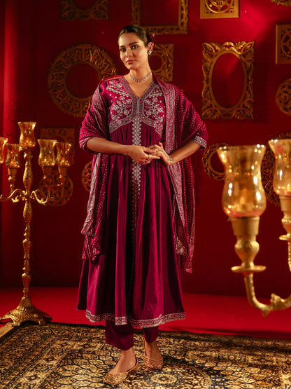 Juniper Wine Viscose Solid Fit & Flared Kurta With Pants & Dupatta Set With Mirror, Thread, Dori & Sequence Work - Distacart