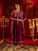 Thumbnail for Juniper Wine Viscose Solid Fit & Flared Kurta With Pants & Dupatta Set With Mirror, Thread, Dori & Sequence Work
