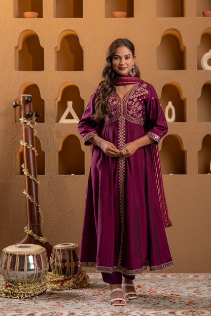Juniper Wine Viscose Solid Fit & Flared Kurta With Pants & Dupatta Set With Mirror, Thread, Dori & Sequence Work - Distacart