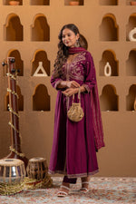 Thumbnail for Juniper Wine Viscose Solid Fit & Flared Kurta With Pants & Dupatta Set With Mirror, Thread, Dori & Sequence Work