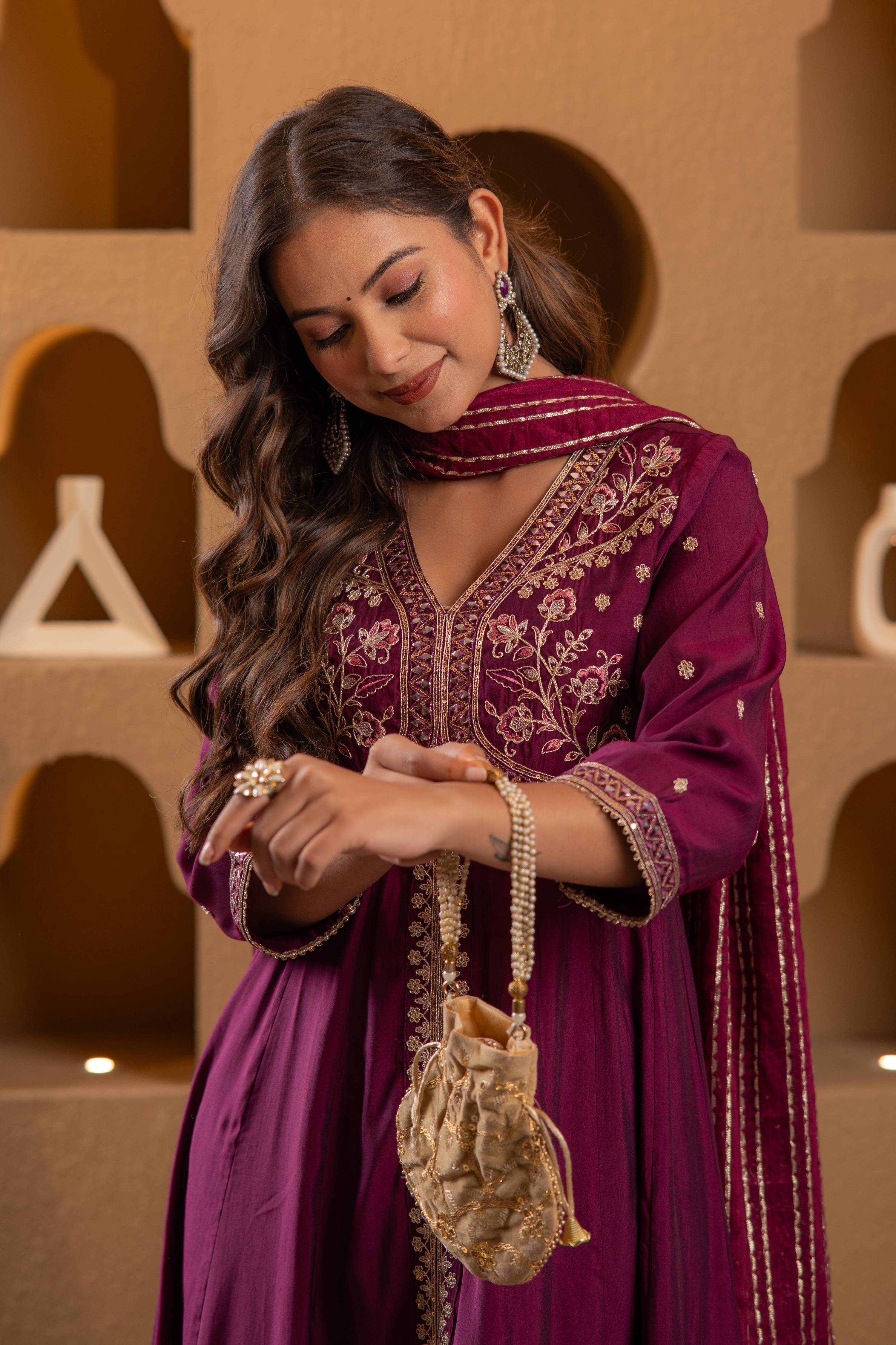 Juniper Wine Viscose Solid Fit & Flared Kurta With Pants & Dupatta Set With Mirror, Thread, Dori & Sequence Work