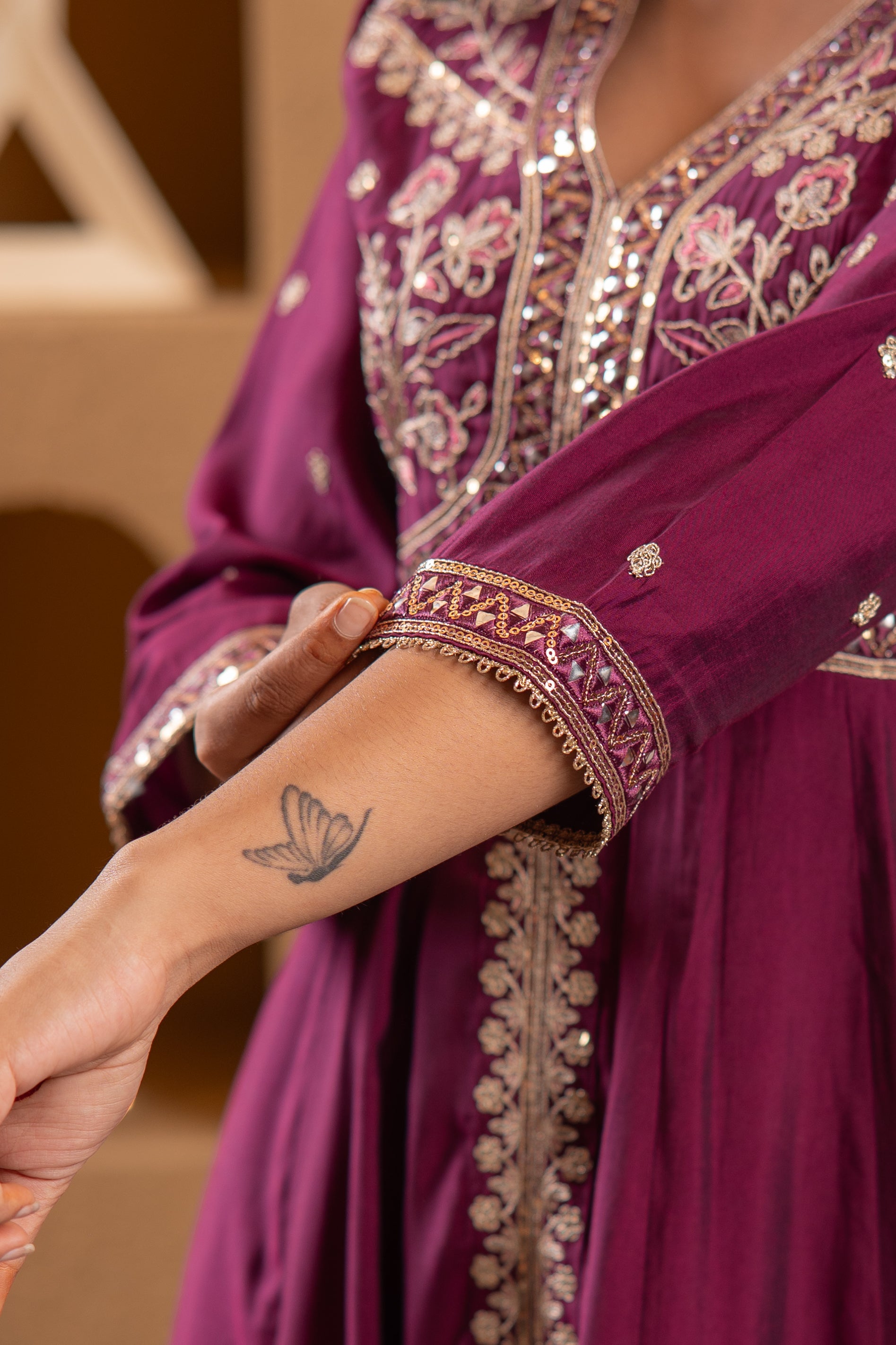 Juniper Wine Viscose Solid Fit & Flared Kurta With Pants & Dupatta Set With Mirror, Thread, Dori & Sequence Work