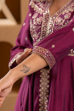 Thumbnail for Juniper Wine Viscose Solid Fit & Flared Kurta With Pants & Dupatta Set With Mirror, Thread, Dori & Sequence Work