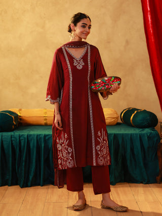Juniper Red Man Made Fiber Straight Kurta Pant And Dupatta Set With Mirror, Thread, Dori & Sequin Work
