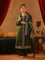 Thumbnail for Juniper Bottle Green Viscose Solid A-Line Kurta With Pants & Dupatta Set With Zari, Sequence & Dori Work - Distacart