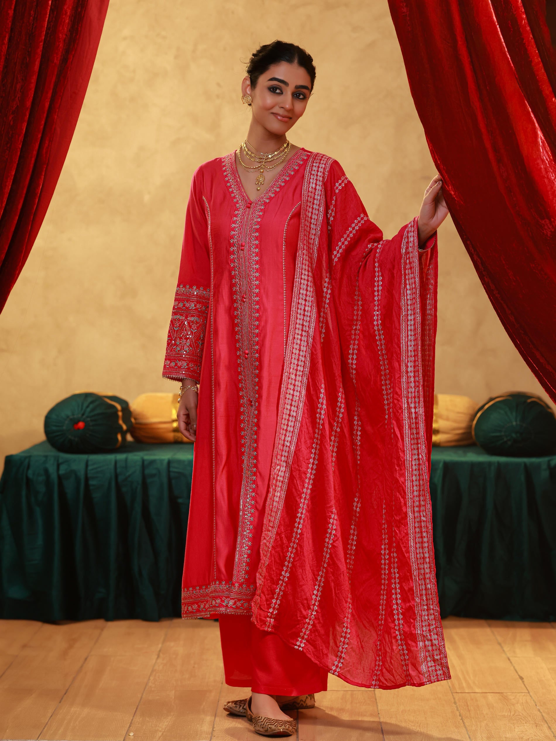 Juniper Fuchsia Viscose Solid A-Line Kurta With Pants & Dupatta Set With Zari, Sequence & Dori Work