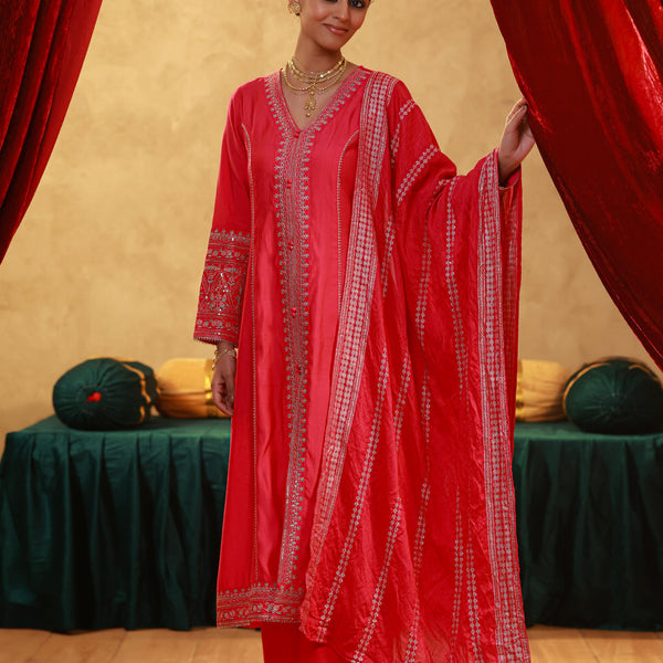 Juniper Fuchsia Viscose Solid A-Line Kurta With Pants & Dupatta Set With Zari, Sequence & Dori Work - Distacart
