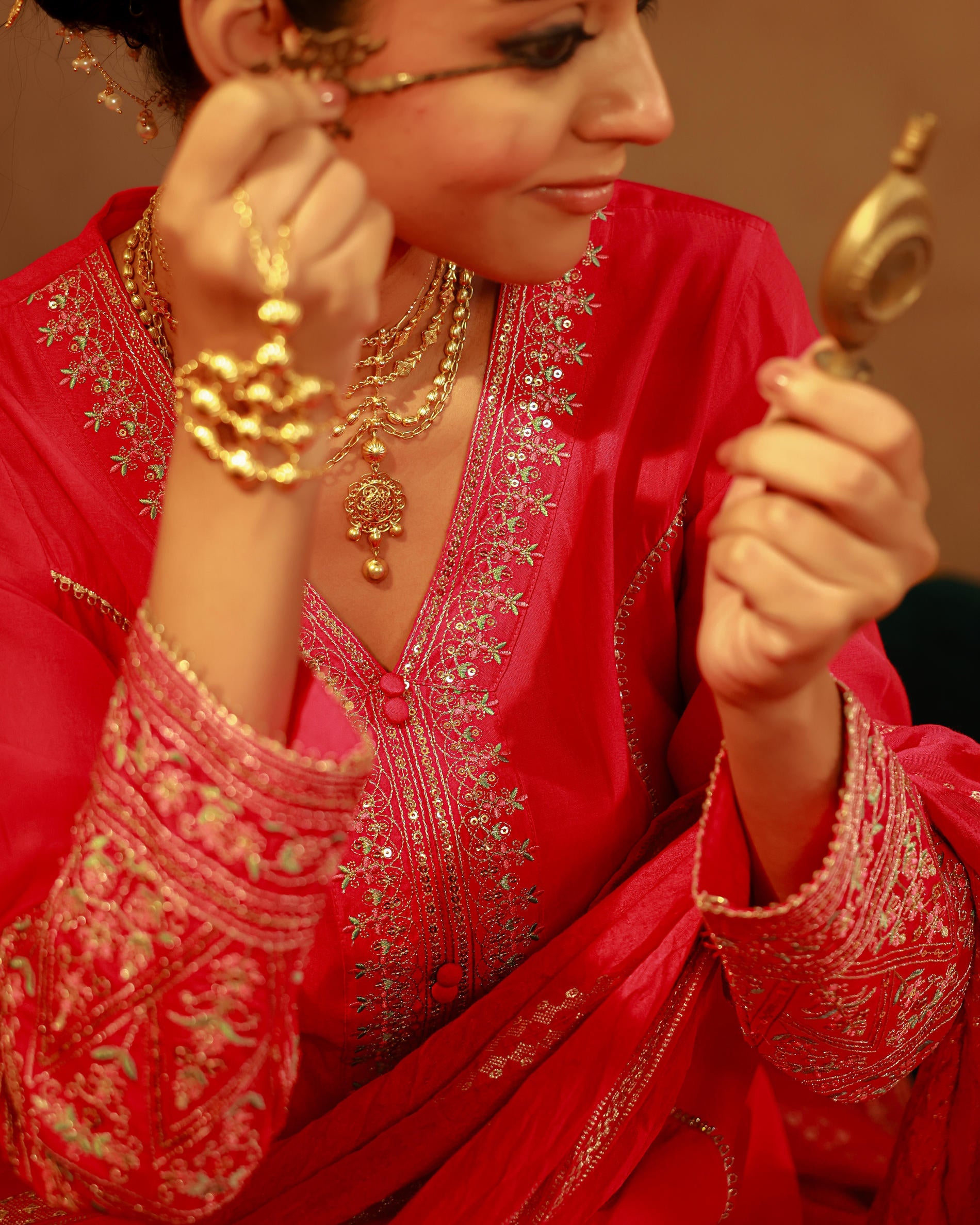 Juniper Fuchsia Viscose Solid A-Line Kurta With Pants & Dupatta Set With Zari, Sequence & Dori Work