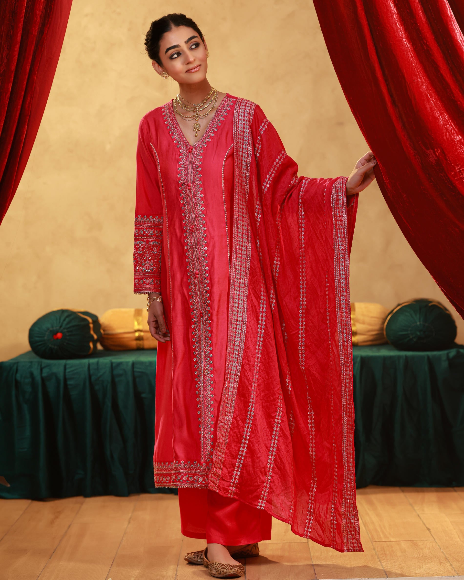 Juniper Fuchsia Viscose Solid A-Line Kurta With Pants & Dupatta Set With Zari, Sequence & Dori Work