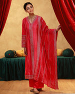 Thumbnail for Juniper Fuchsia Viscose Solid A-Line Kurta With Pants & Dupatta Set With Zari, Sequence & Dori Work
