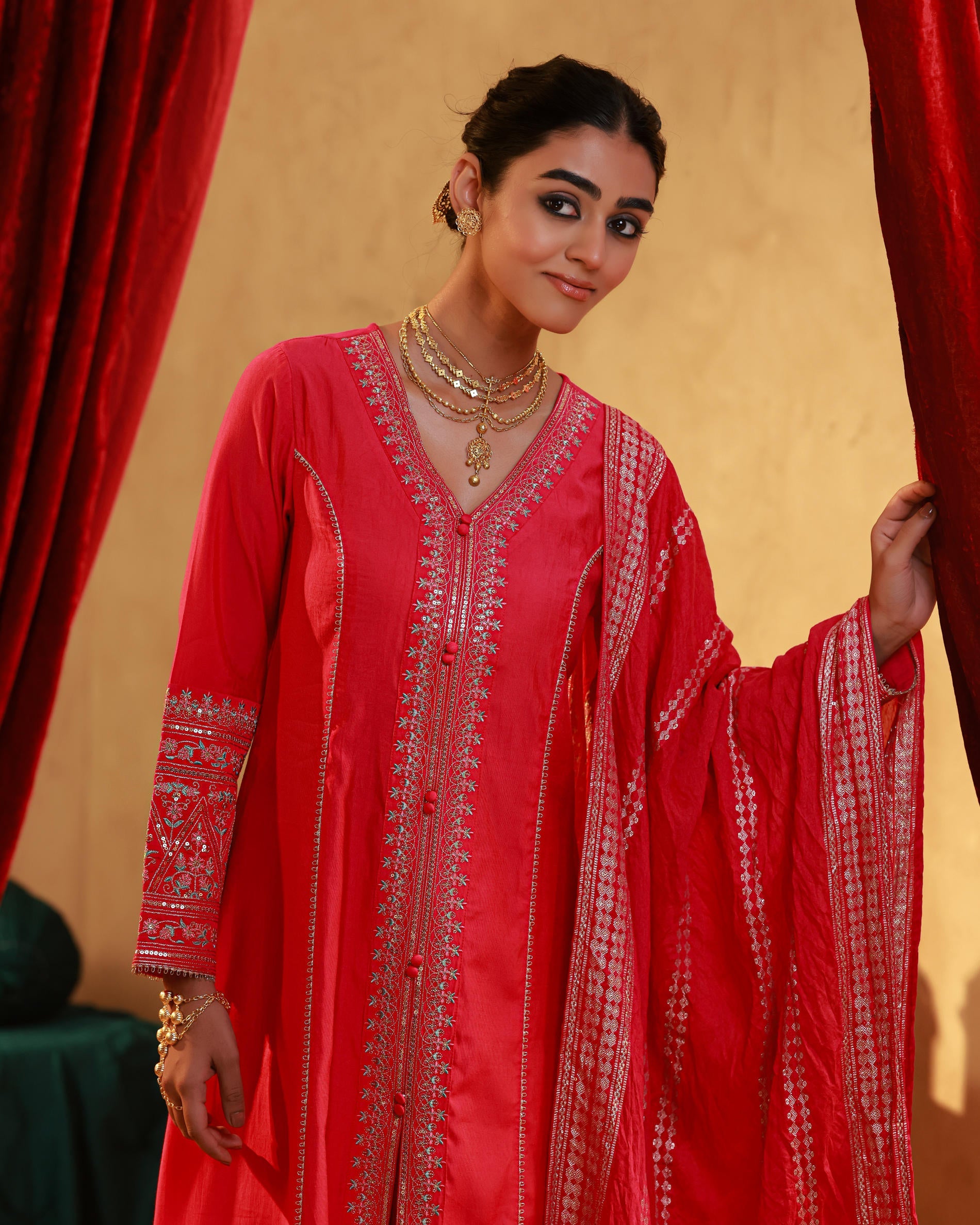 Juniper Fuchsia Viscose Solid A-Line Kurta With Pants & Dupatta Set With Zari, Sequence & Dori Work