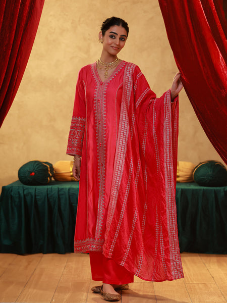 Juniper Fuchsia Viscose Solid A-Line Kurta With Pants & Dupatta Set With Zari, Sequence & Dori Work