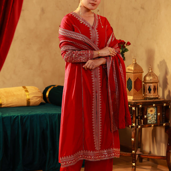 Juniper Red Viscose Solid A-Line Kurta With Pants & Dupatta Set With Zari, Sequence & Dori Work - Distacart