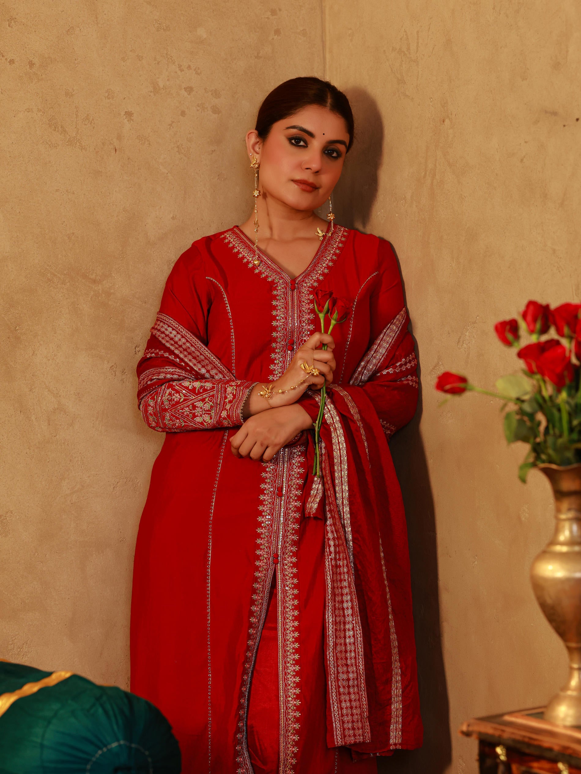 Juniper Red Viscose Solid A-Line Kurta With Pants & Dupatta Set With Zari, Sequence & Dori Work