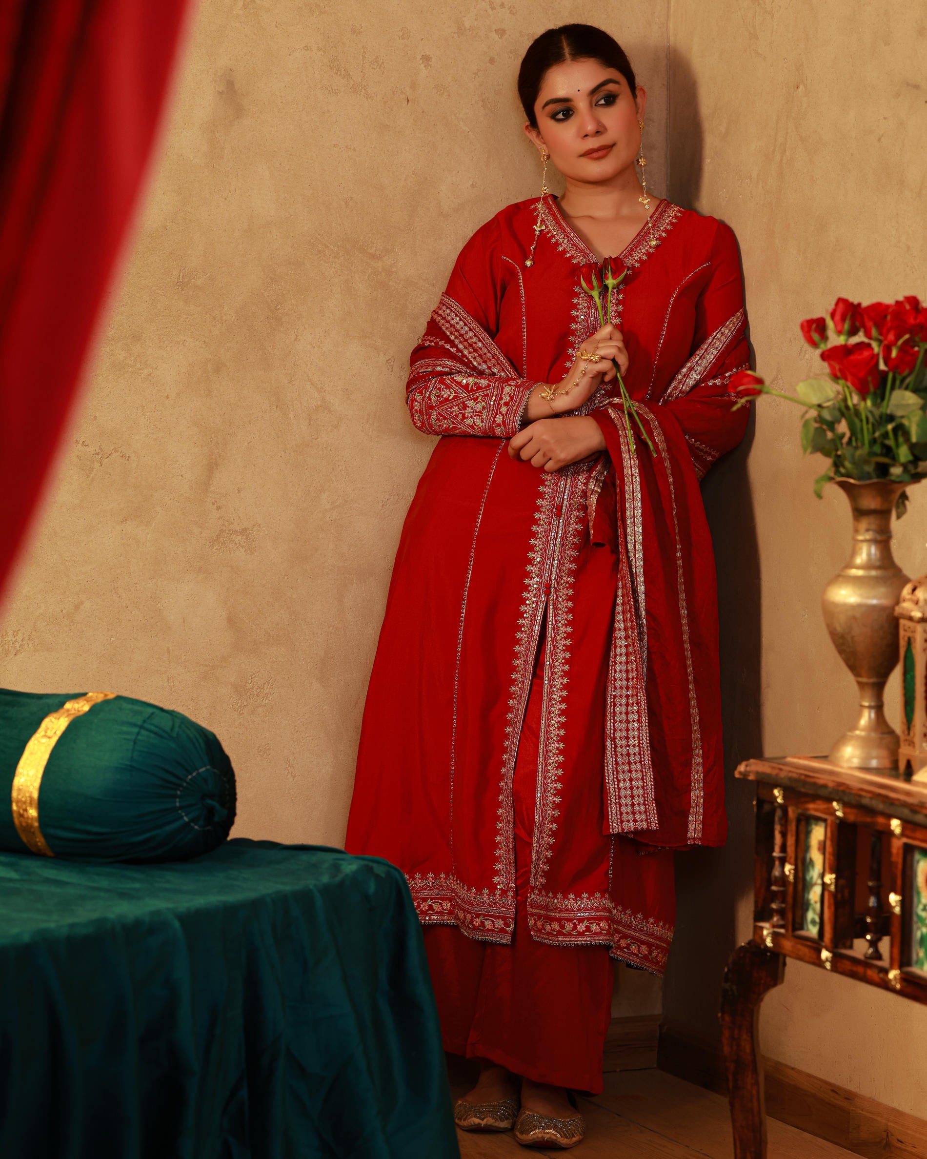 Juniper Red Viscose Solid A-Line Kurta With Pants & Dupatta Set With Zari, Sequence & Dori Work