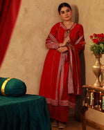 Thumbnail for Juniper Red Viscose Solid A-Line Kurta With Pants & Dupatta Set With Zari, Sequence & Dori Work