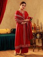 Thumbnail for Juniper Red Viscose Solid A-Line Kurta With Pants & Dupatta Set With Zari, Sequence & Dori Work