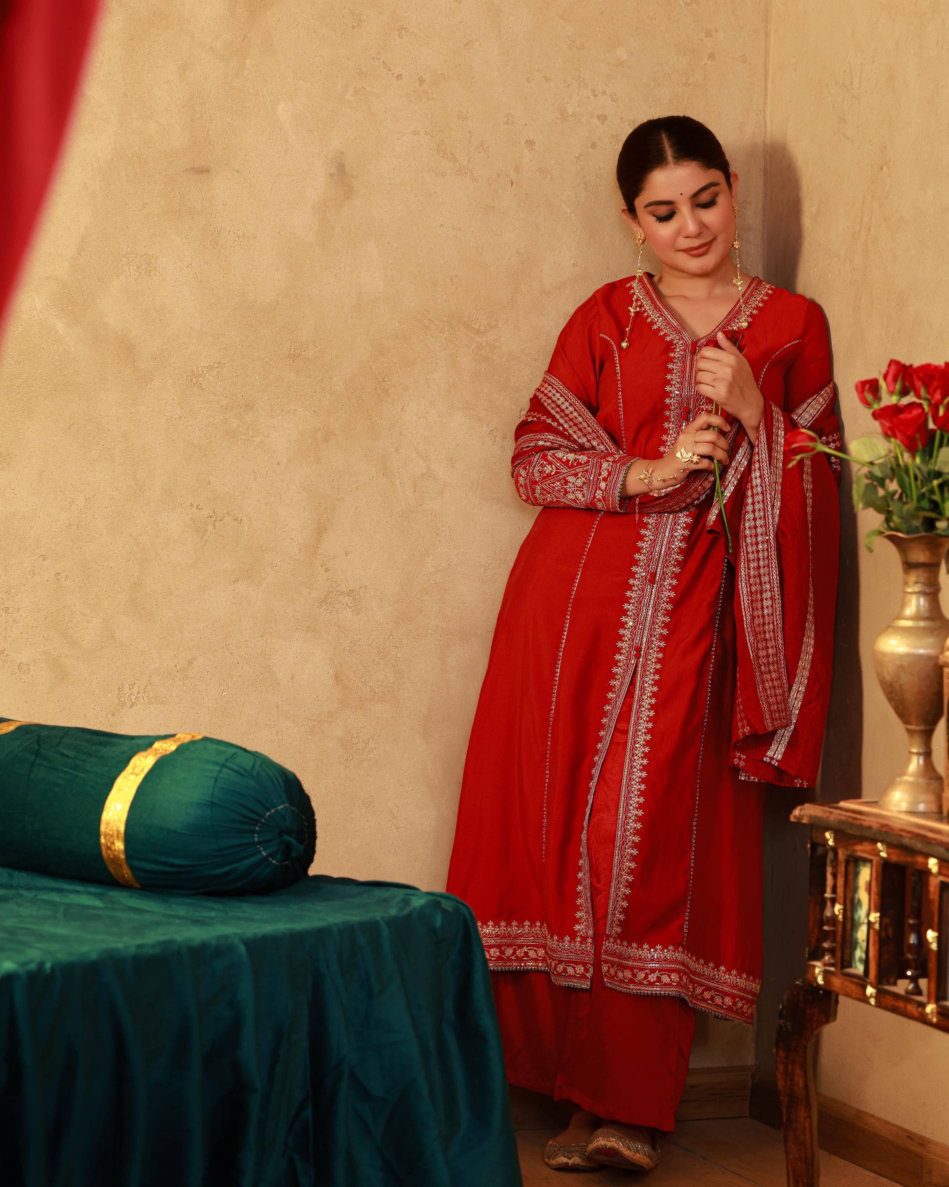 Juniper Red Viscose Solid A-Line Kurta With Pants & Dupatta Set With Zari, Sequence & Dori Work