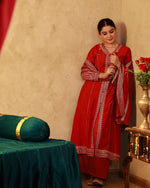 Thumbnail for Juniper Red Viscose Solid A-Line Kurta With Pants & Dupatta Set With Zari, Sequence & Dori Work