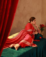 Thumbnail for Juniper Red Viscose Solid A-Line Kurta With Pants & Dupatta Set With Zari, Sequence & Dori Work
