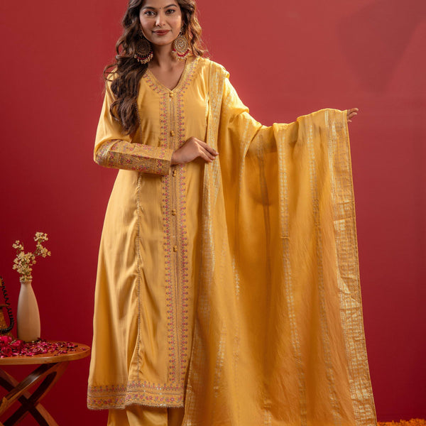 Juniper Yellow Viscose Solid A-Line Kurta With Pants & Dupatta Set With Zari, Sequence & Dori Work