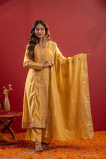 Thumbnail for Juniper Yellow Viscose Solid A-Line Kurta With Pants & Dupatta Set With Zari, Sequence & Dori Work