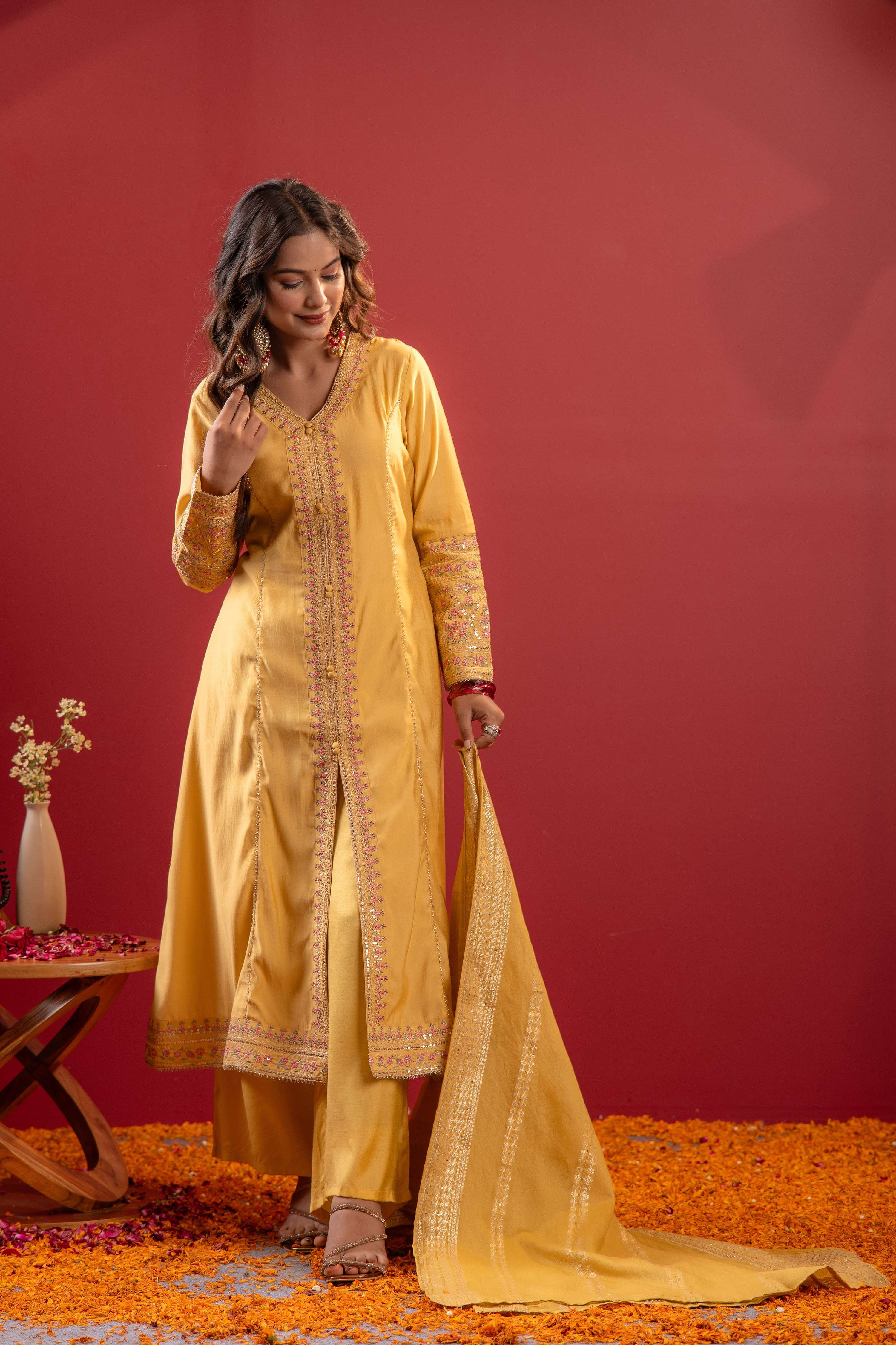 Juniper Yellow Viscose Solid A-Line Kurta With Pants & Dupatta Set With Zari, Sequence & Dori Work