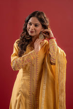 Thumbnail for Juniper Yellow Viscose Solid A-Line Kurta With Pants & Dupatta Set With Zari, Sequence & Dori Work
