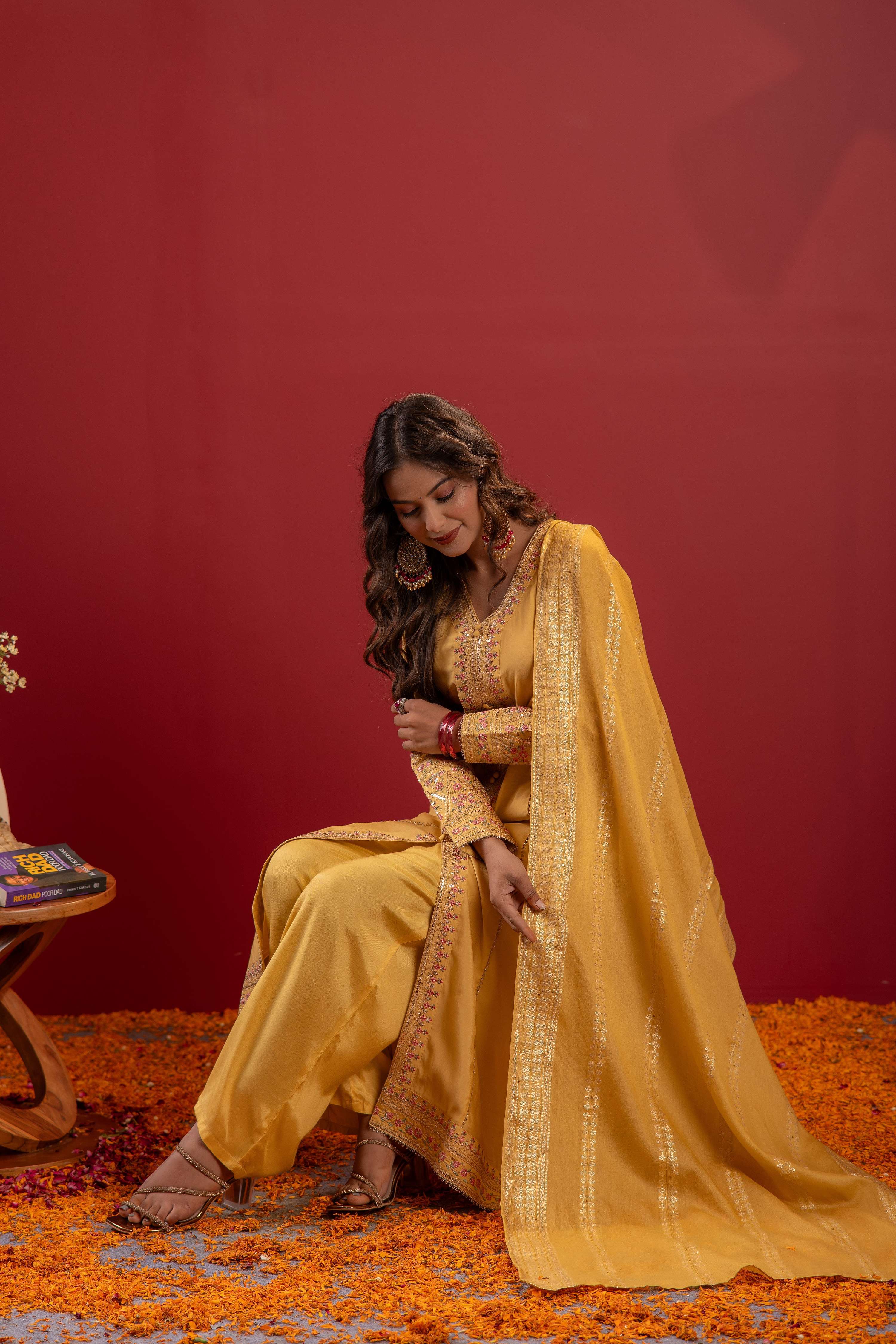 Juniper Yellow Viscose Solid A-Line Kurta With Pants & Dupatta Set With Zari, Sequence & Dori Work