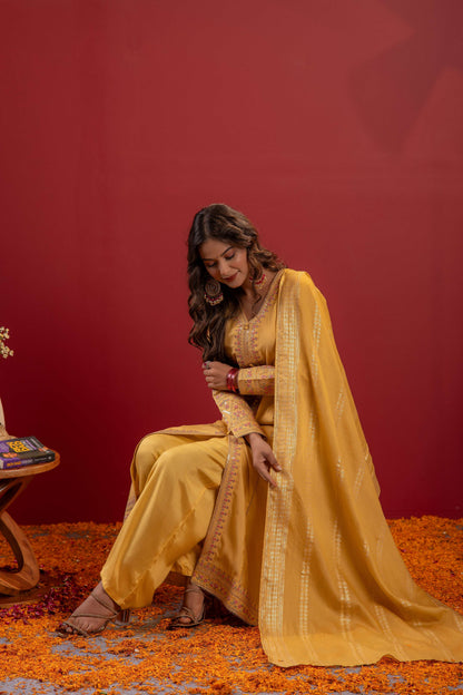 Juniper Yellow Viscose Solid A-Line Kurta With Pants & Dupatta Set With Zari, Sequence & Dori Work - Distacart
