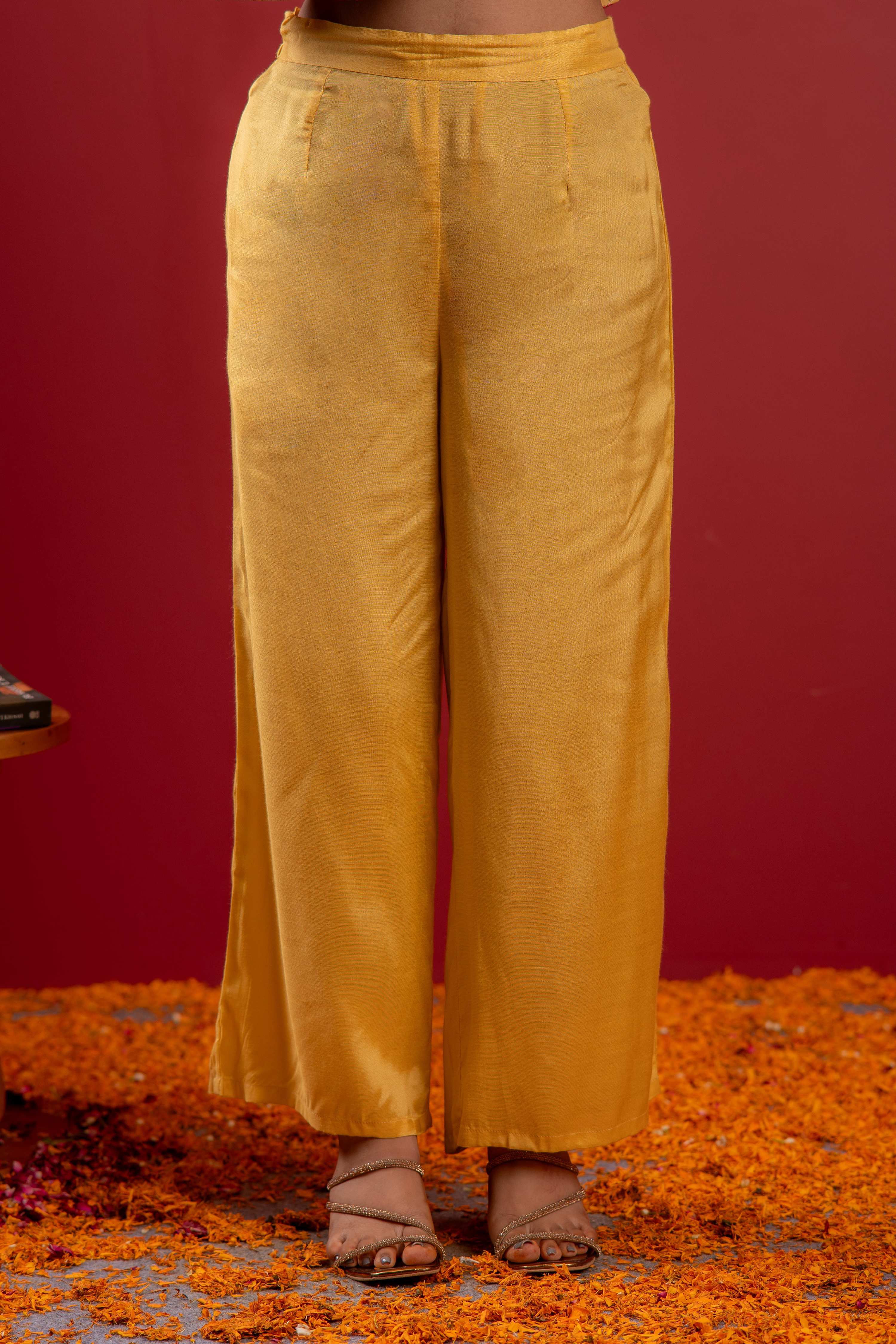 Juniper Yellow Viscose Solid A-Line Kurta With Pants & Dupatta Set With Zari, Sequence & Dori Work