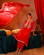 Thumbnail for Juniper Magenta Man Made Fiber Flared Kurta Pant And Dupatta Set With Zari, Mirror, Thread & Sequin Work - Distacart
