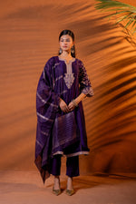 Thumbnail for Juniper Purple Manmade Fiber Flared Kurta Pant And Dupatta Set With Zari, Mirror, Thread & Sequin Work - Distacart