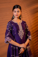 Thumbnail for Juniper Purple Manmade Fiber Flared Kurta Pant And Dupatta Set With Zari, Mirror, Thread & Sequin Work - Distacart