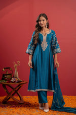 Thumbnail for Juniper Turquoise Man Made Fiber Flared Kurta Pant And Dupatta Set With Zari, Mirror, Thread & Sequin Work