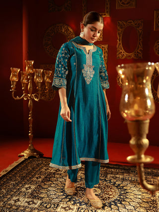 Juniper Turquoise Man Made Fiber Flared Kurta Pant And Dupatta Set With Zari, Mirror, Thread & Sequin Work