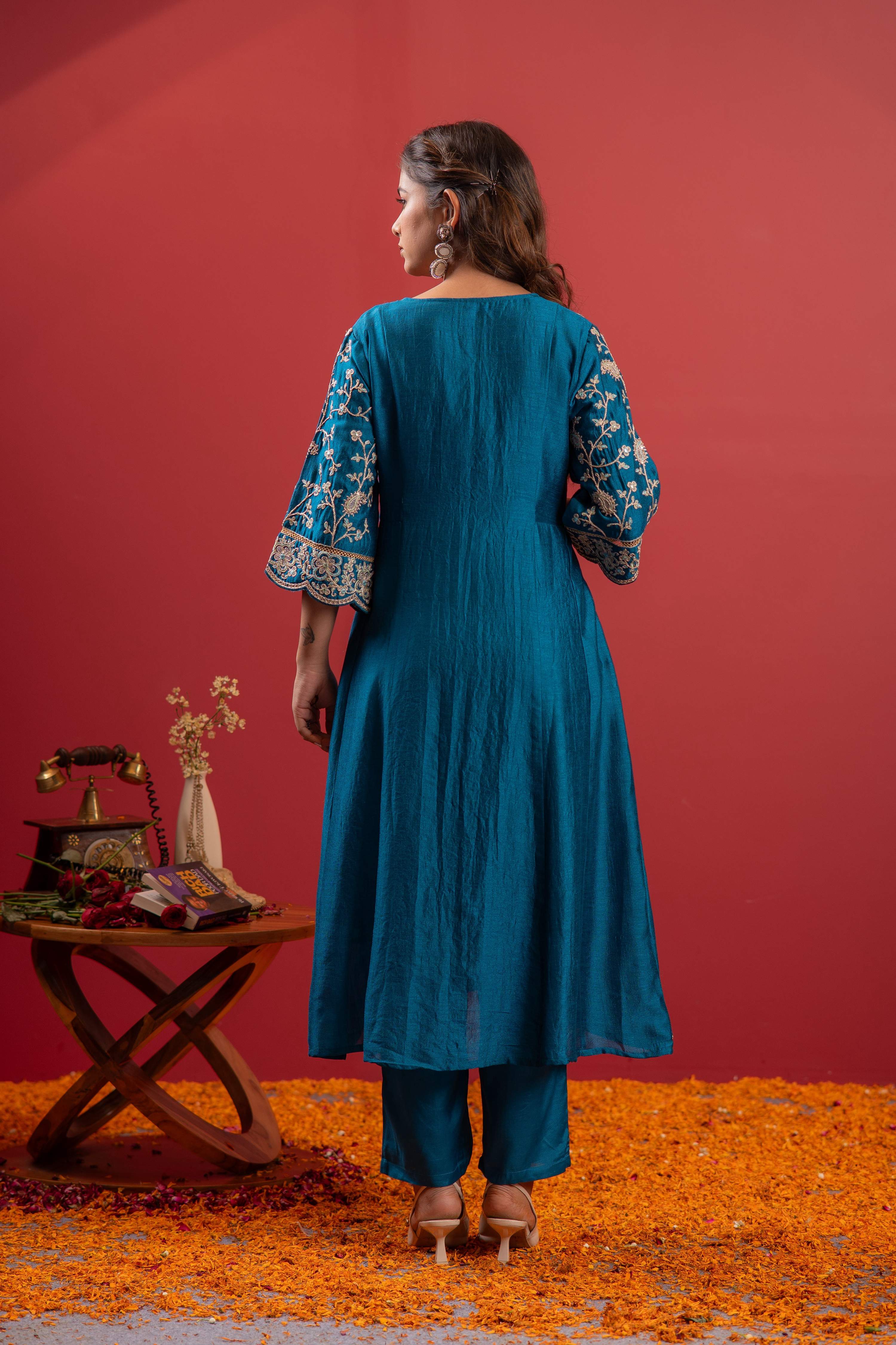 Juniper Turquoise Man Made Fiber Flared Kurta Pant And Dupatta Set With Zari, Mirror, Thread & Sequin Work
