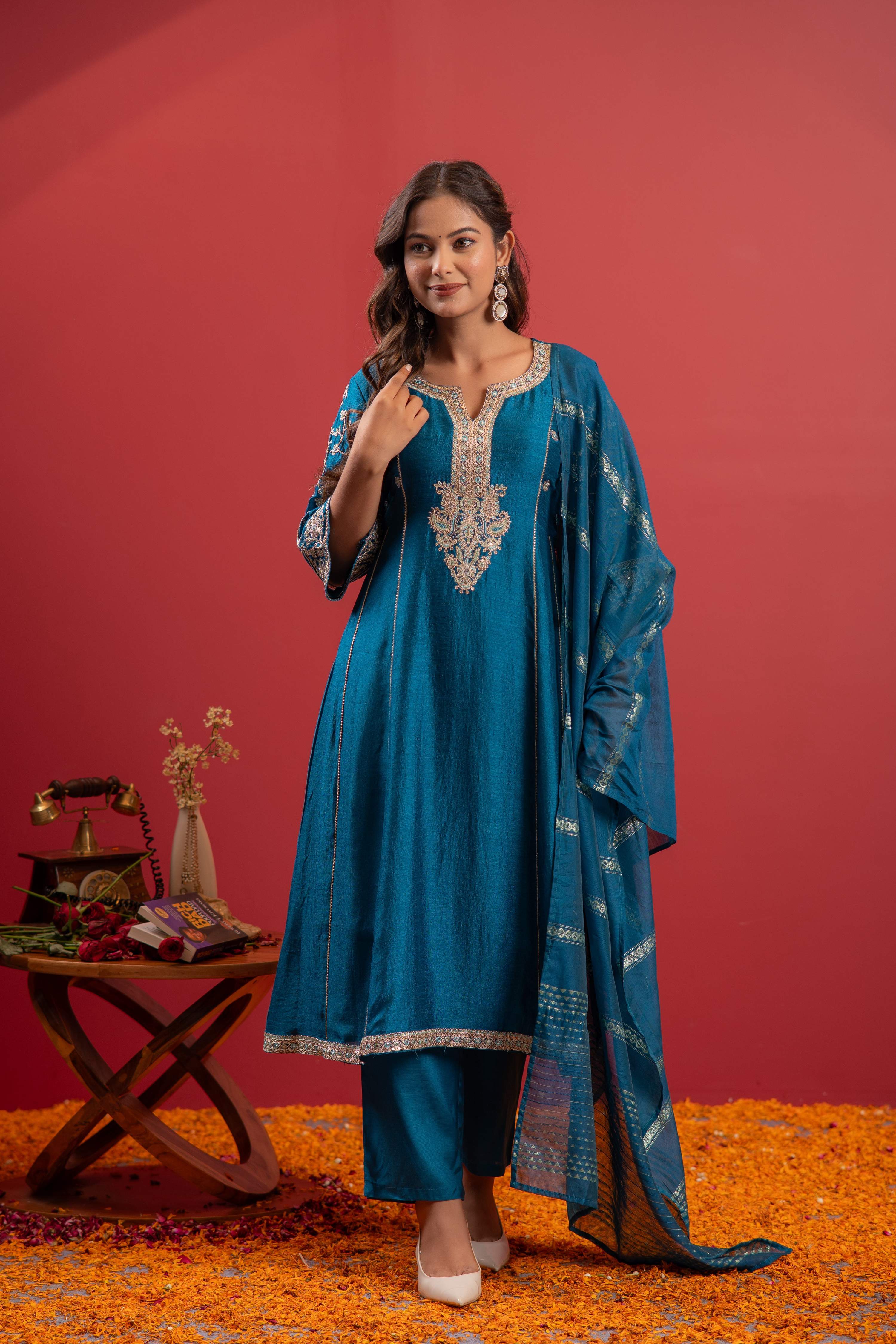 Juniper Turquoise Man Made Fiber Flared Kurta Pant And Dupatta Set With Zari, Mirror, Thread & Sequin Work