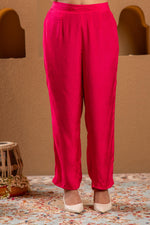 Thumbnail for Juniper Fuchsia Viscose Flared Kurta With Pants & Dupatta Set With Zari & Sequence Work